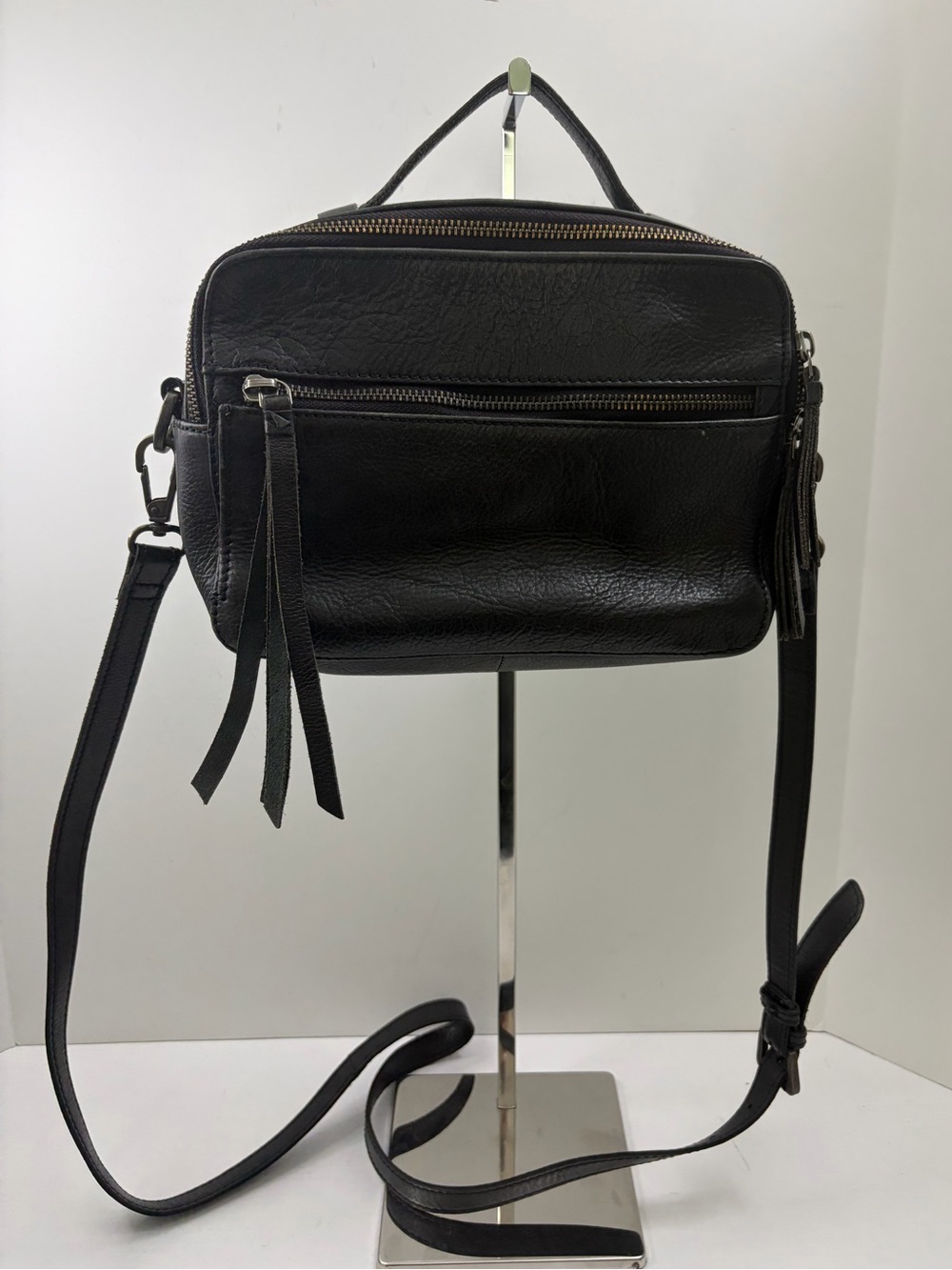 RPS Rock Paper Scissors Black Pebbled Leather Multi Zipper Adjustable Strap Bag
